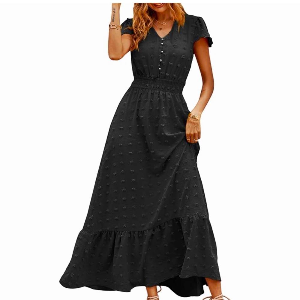 PrettyGarden Swiss Dot Black Maxi Dress